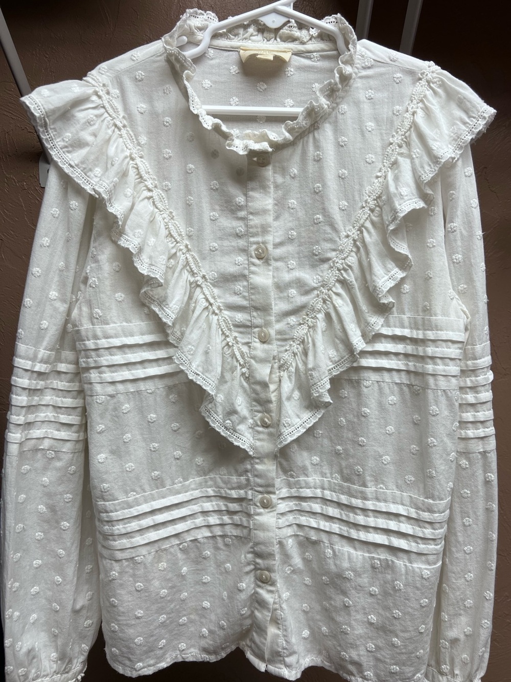 Petite Sezane Girl’s Cream Ruffled Swiss Dot Button-Up Blouse